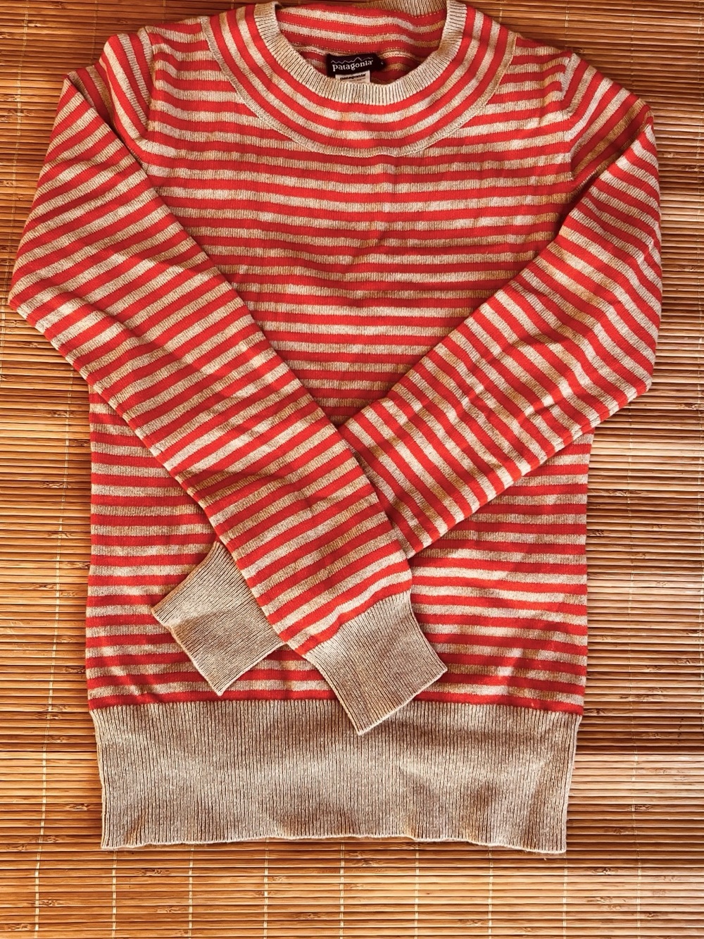 Patagonia Red and Cream Striped Crewneck Cashmere Sweater